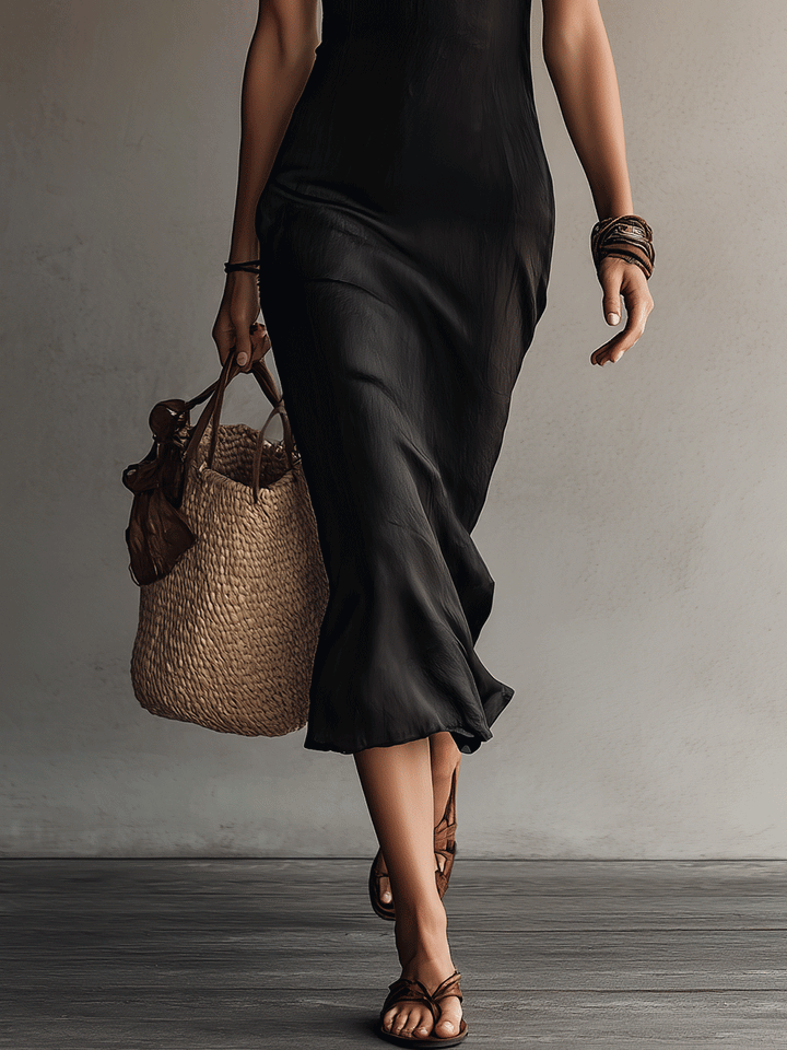 Elegant Lace Trim Resort Midnight Black Midi Dress