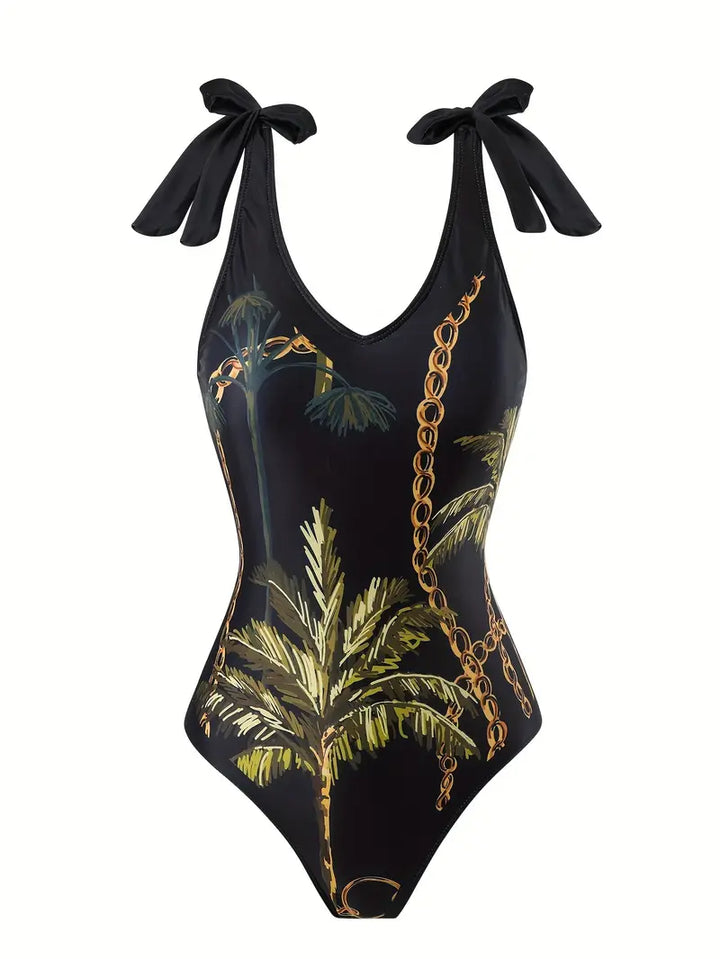 WOMEN'S PALM PRINT MESH SKIRT TWO-PIECE SWIMSUIT SET